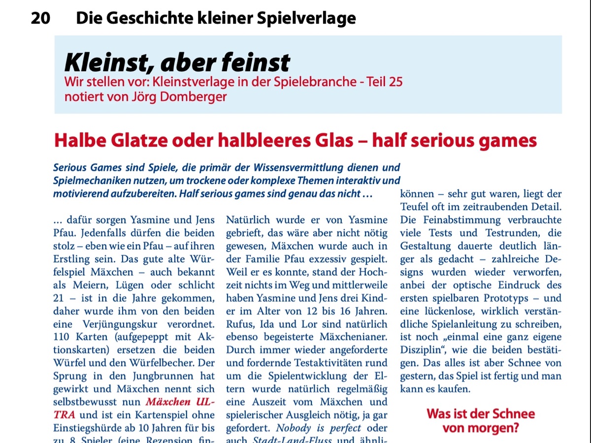 Artikel „Halbe Glatze oder halbleeres Glas – half serious games“ im Magazin frisch gespielt